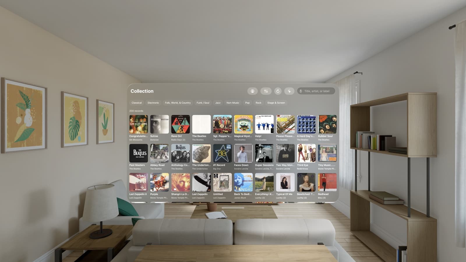 The Plinthe collection window floating in a living room, seen through Apple Vision Pro.