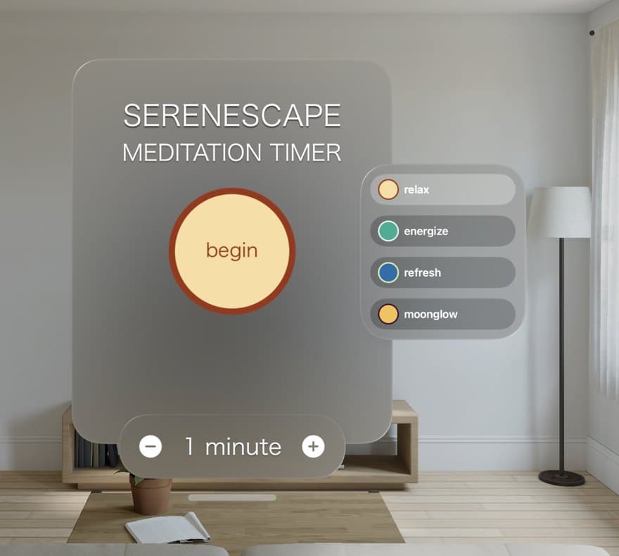 The Serenescape window floating in a living room through Apple Vision Pro, with a cream begin button and a theme list beside it.