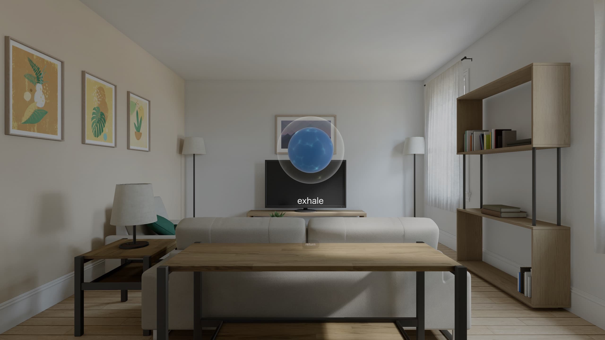 A translucent blue orb floating in the middle of a living room, seen through Apple Vision Pro, with the word exhale beneath it.